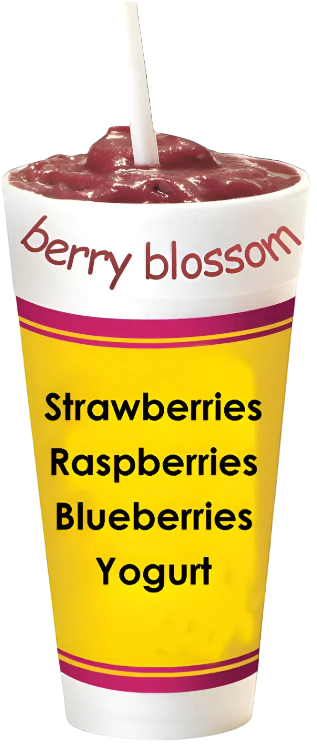 A white and yellow plastic cup with a white straw, filled with a berry smoothie. The cup has 'berry blossom' printed on the top white section and lists flavors including strawberries, raspberries, blueberries, and yogurt on the yellow body, against a solid black background.