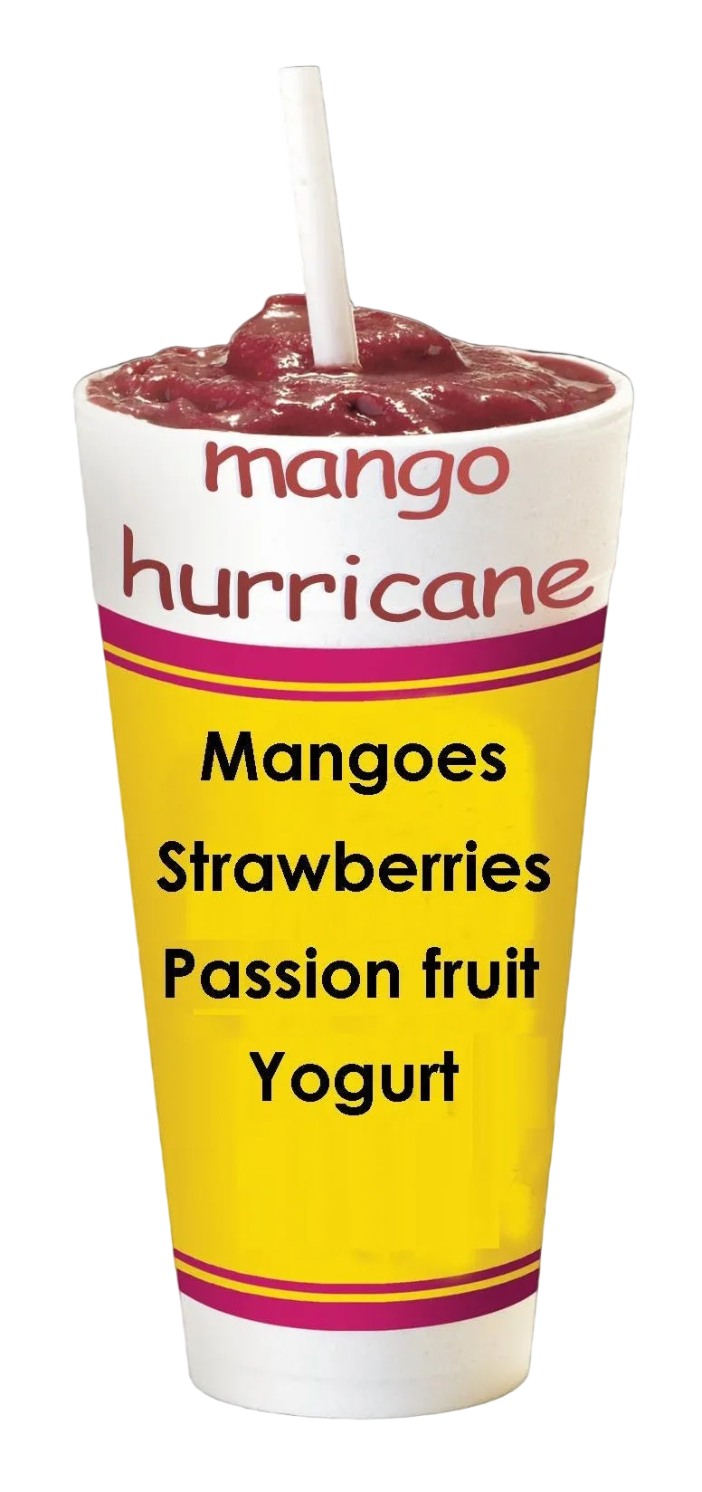 A branded plastic cup filled with a dark red berry yogurt drink and a white straw, shown on a black background. The cup is white with a large yellow label reading 'mango hurricane' and listing ingredients: Mangoes, Strawberries, Passion fruit, Yogurt.