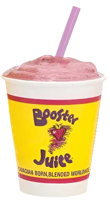 A cup of pink frozen drink or slushie with a purple straw, shown against a black background. The cup has a bright yellow label reading 'Booster Juice' with a strawberry graphic.